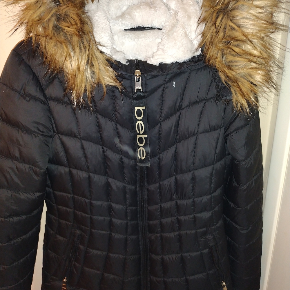Bebe Black Puffer Jacket with Faux Fur Trim